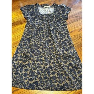 Hazel Blue Tan Floral Knit Mini Dress Short Sleeve Pockets Size M
